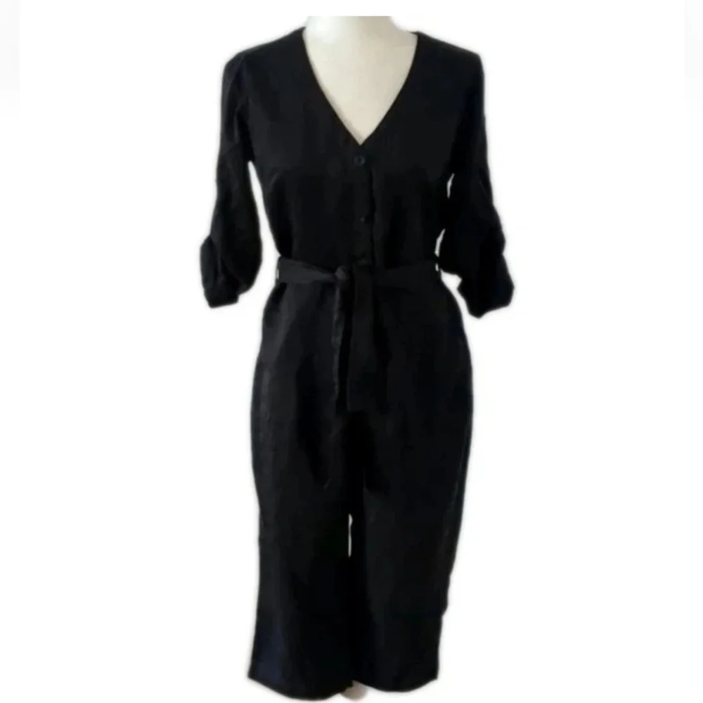 Anthropologie Cloth & Stone Soft Black Cropped Utility Jumpsuit Size XS